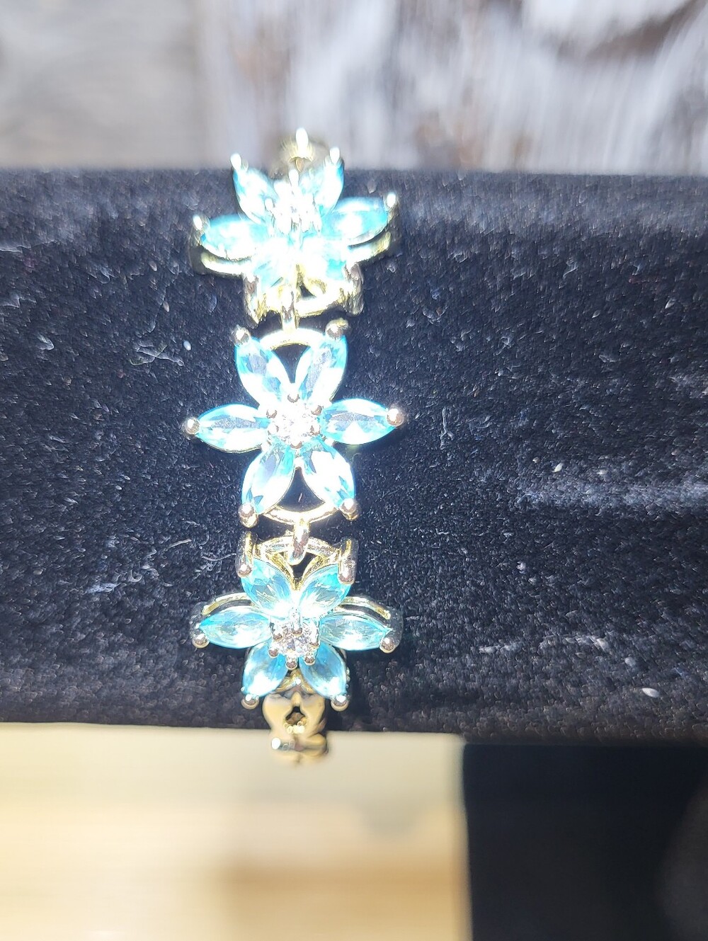 18K Gold Filled & Aquamarine Blue Flower Crystal Bracelet - Women's Jewelry 7in